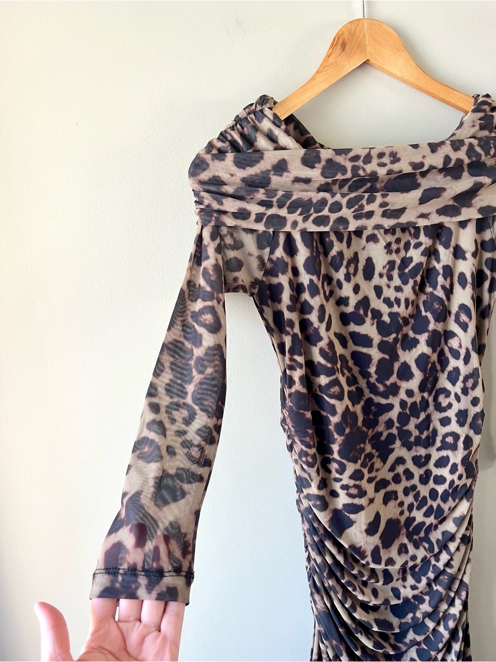 BNWOT ICHI Leopard-print Midi Dress Mesh Ruching Bardot Neck Size Small - Picture 8 of 12